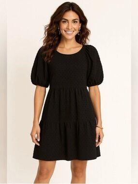 J. Crew Black Puff-Sleeve Tiered Mini Dress